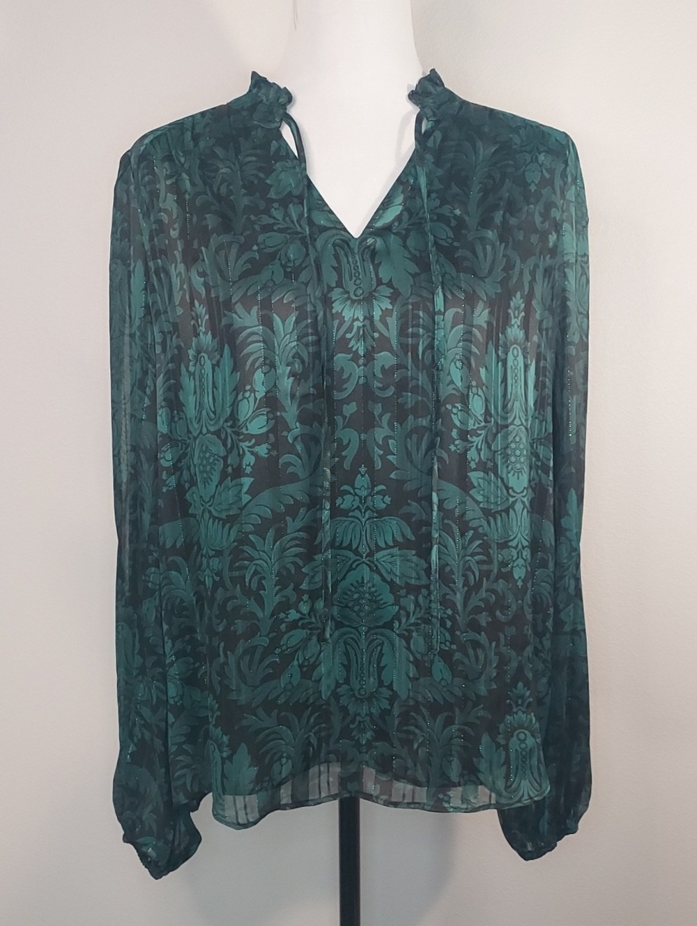 Maison d’Amélie Green Black Metallic Damask Chiffon Tie Blouse Size Medium